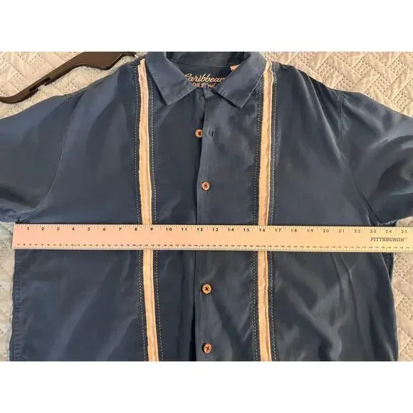 Caribbean silk blend blue short sleeve collared button up dress shirt size Large - Picture 8 of 10